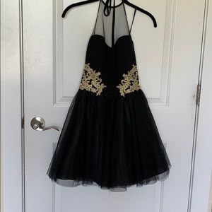 Black and gold embroidered homecoming dress
